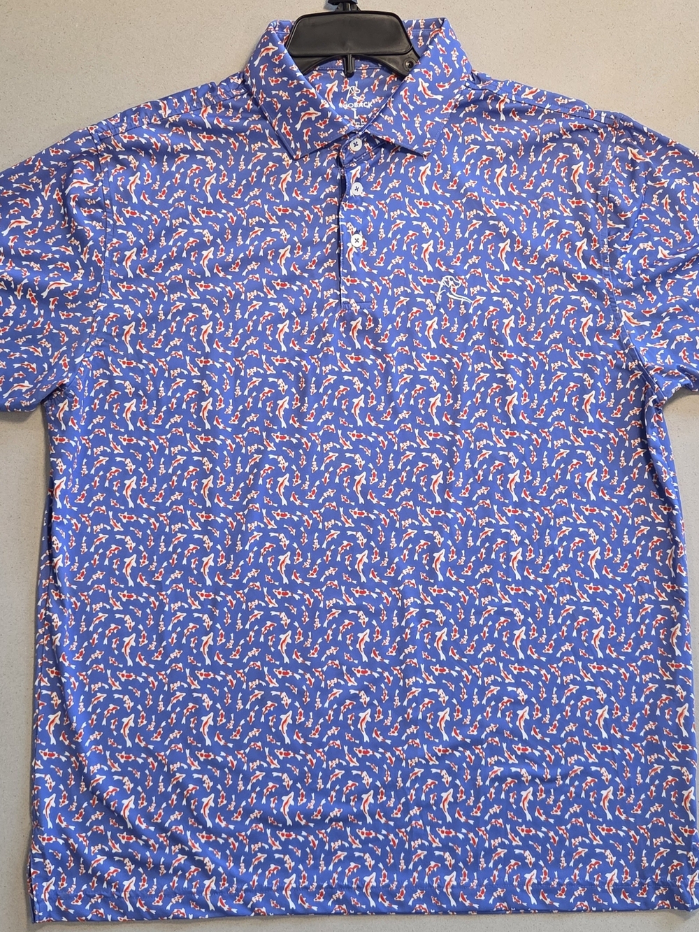 Rhoback Blue Polo with Red & White Koi Print